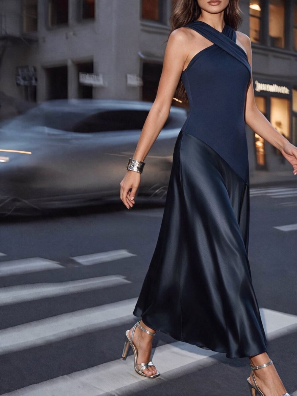 Navy Blue Elegant Women's Criss Cross Ruched Halter Neck Long Dress - Picture 6 of 7